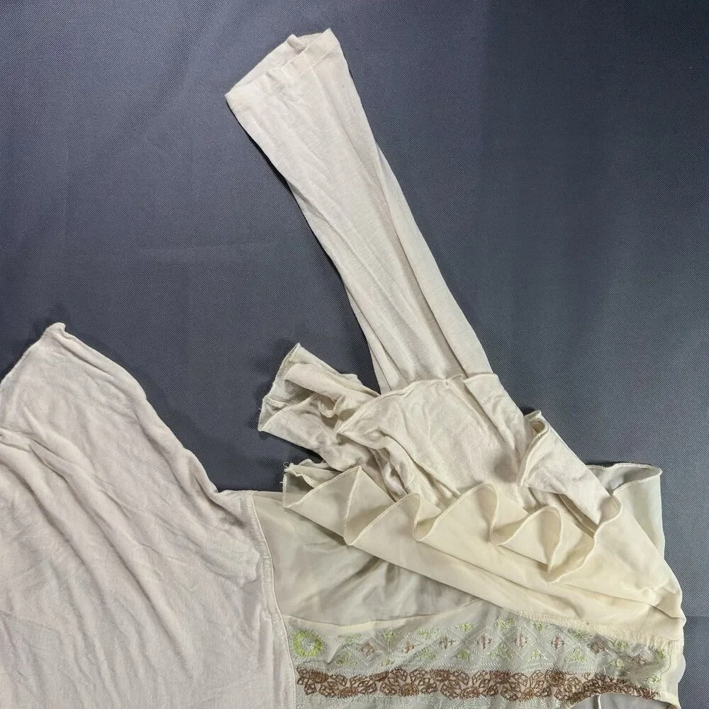 Free People Women Sz M Cream Embroidered Nylon Panel Ruffle Sleeve Top